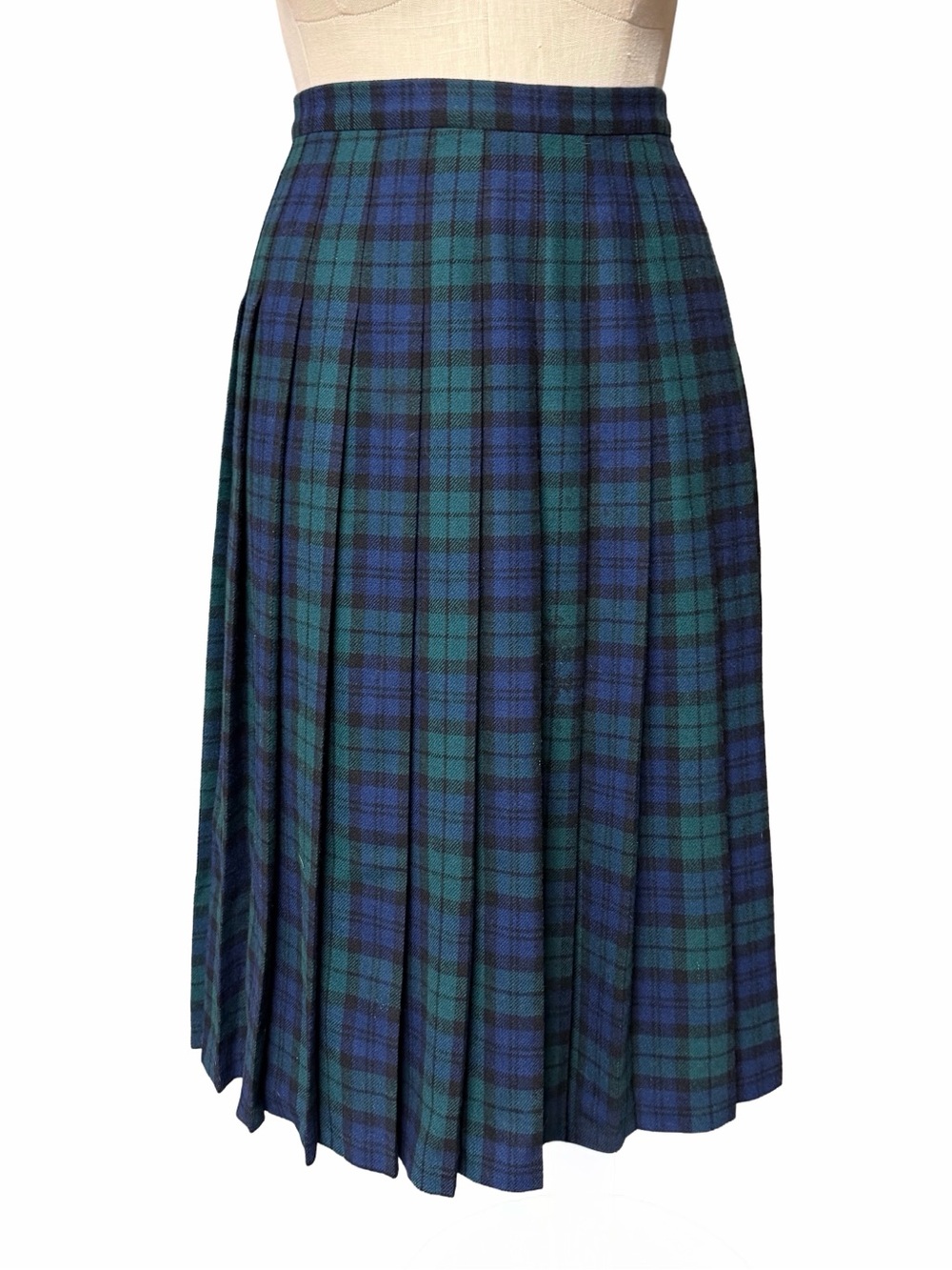 Vintage Pendleton Black Watch Tartan Wool Pleated Midi Skirt Petite 14 USA
